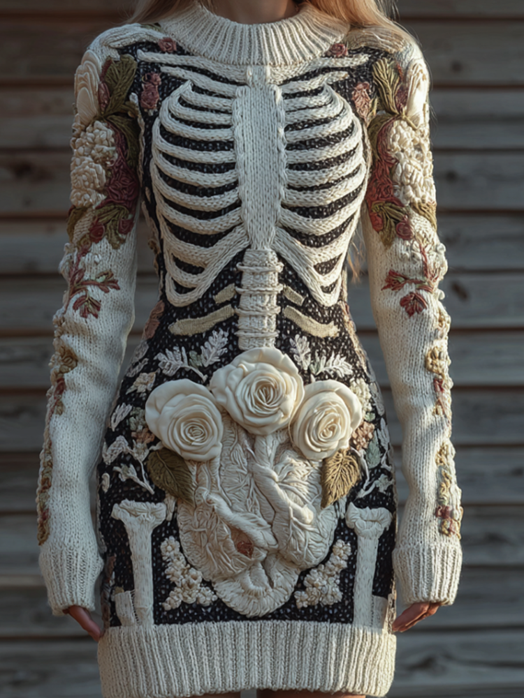 Halloween Human Anatomy Pattern And Flower Pattern Combined Design Women's Round Neck Knit Sweater Dress