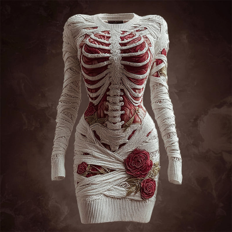 Skeleton Anatomy Roses Bandages Cozy Knit Sweater Dress