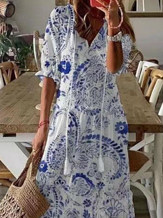 V-Neck Mid-Sleeve Printed Long Dress