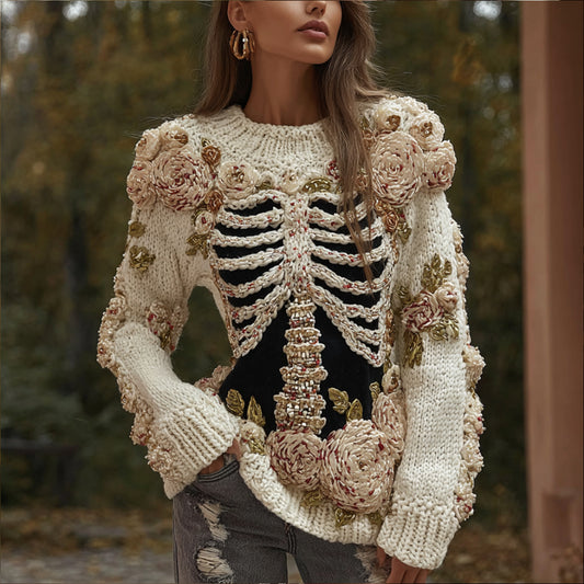 Women's Halloween Skeleton 3d Rose Retro Sweater
