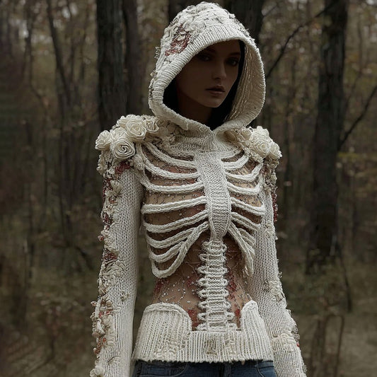 Women's Halloween Skull And White Rose Mesh Sweater
