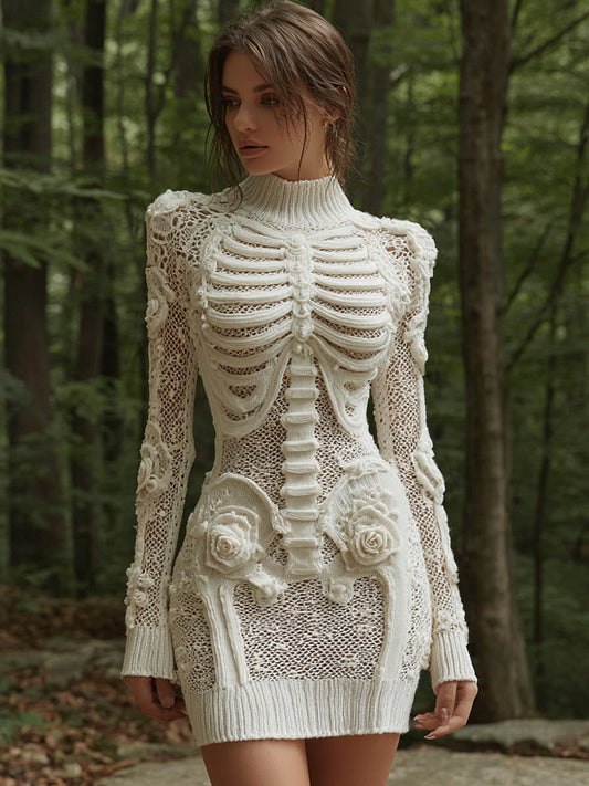 Women's Vintage Halloween Skeleton Bones Comfortable Elegant Sweater Dress