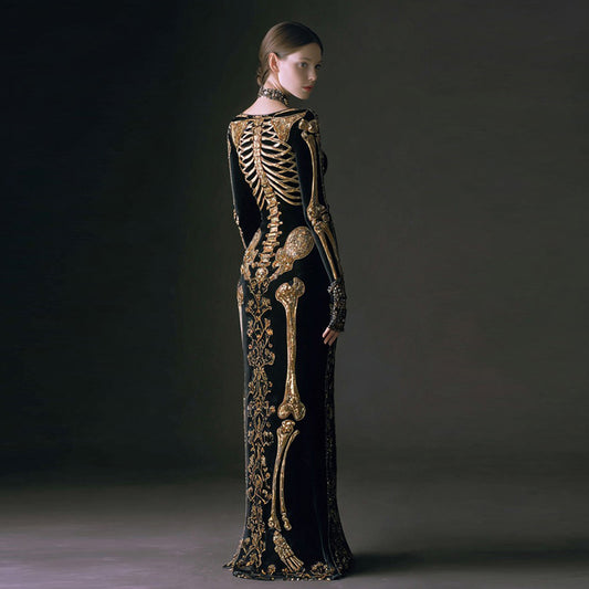 Women's Halloween Dark Brother Skull Velvet Round Neck Maxi Dress