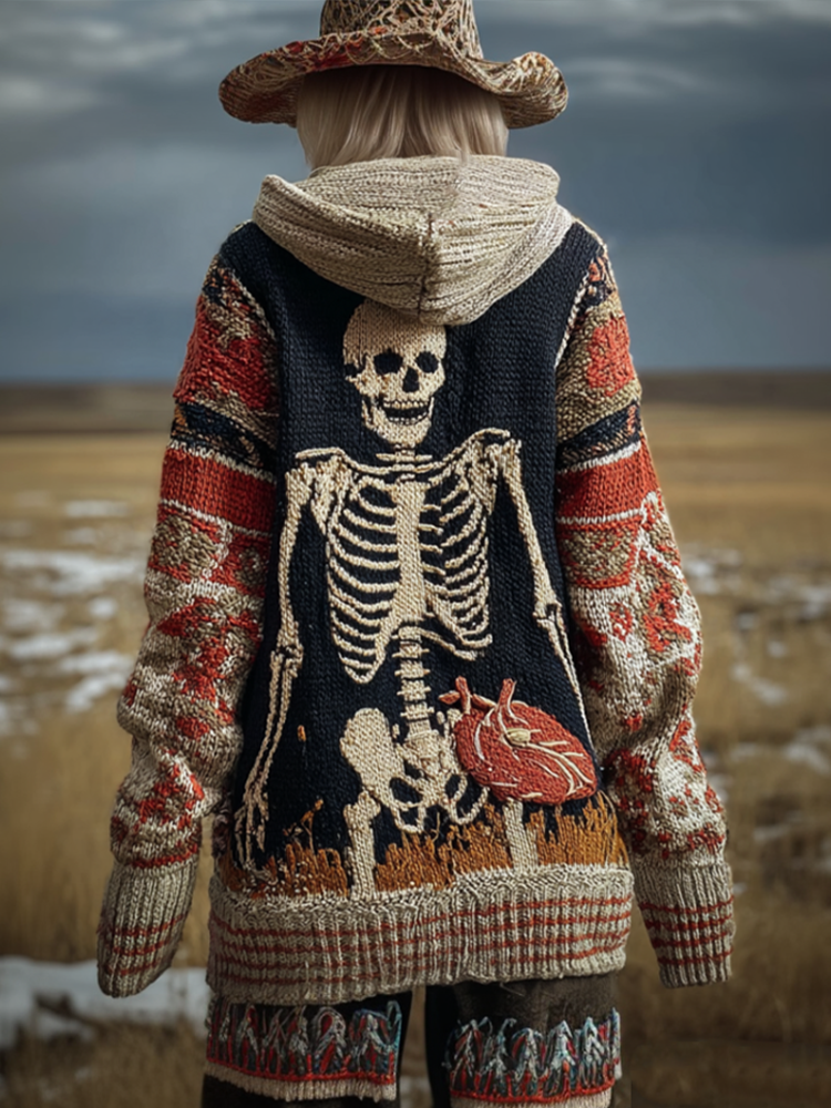 Halloween Skeleton Bone Design Women's Knit Hooded Sweater Coat