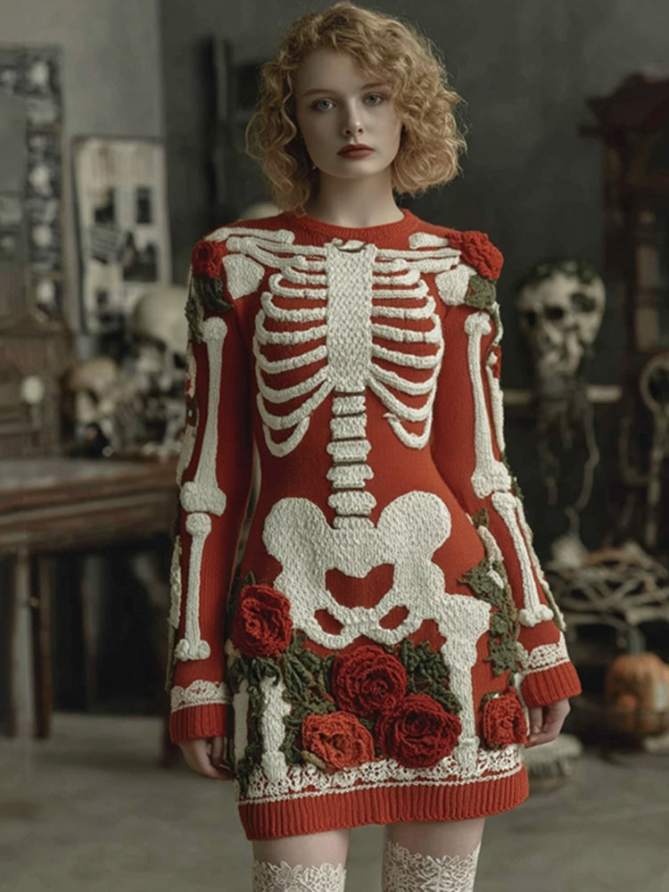 Women's Vintage Halloween Skeleton Bones Rose Comfortable Elegant Sweater Dress