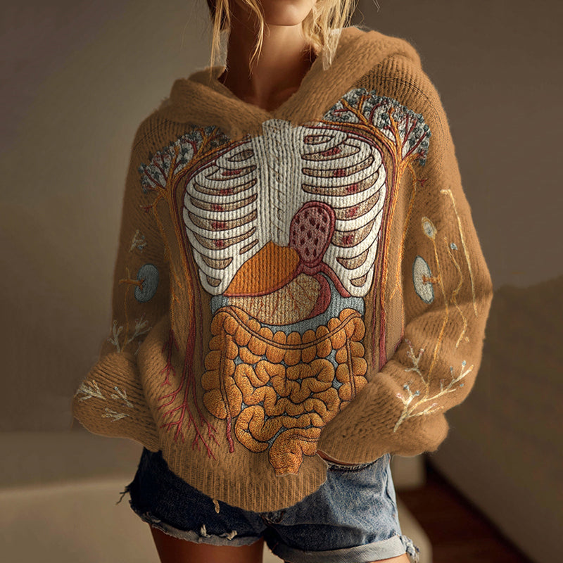 Vintage Halloween Anatomy Art Chunky Knitted Hooded Sweater