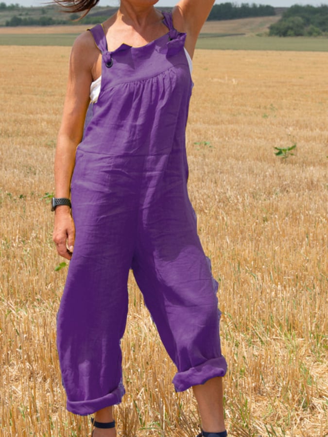 Solid Loose Cotton Linen Strap Jumpsuit