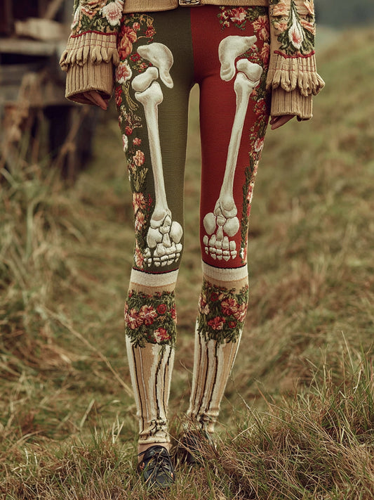 Women's Retro Skull Floral Pattern Contrast Leggings