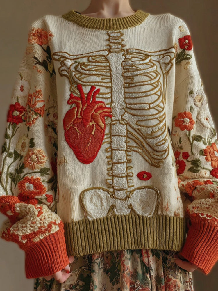 Vintage Halloween Anatomy And Red Heart Art Chunky Knitted Sweater