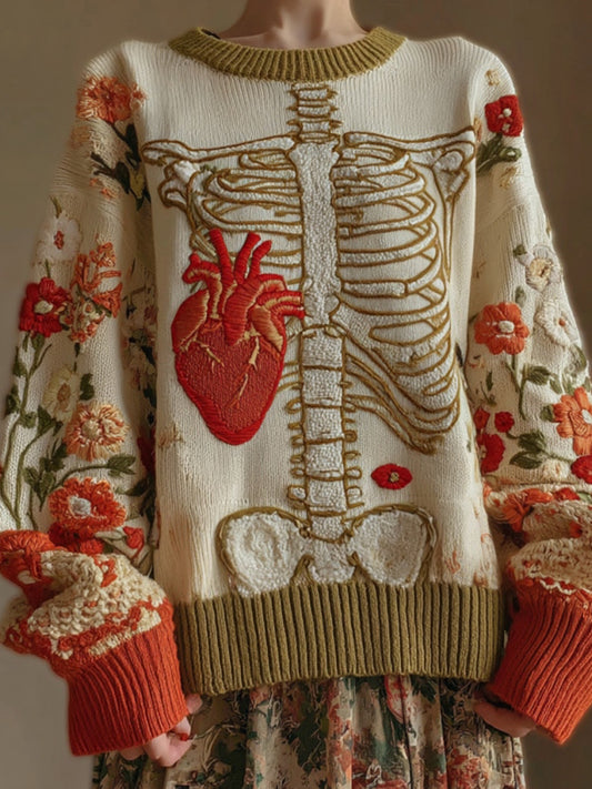 Vintage Halloween Anatomy And Red Heart Art Chunky Knitted Sweater