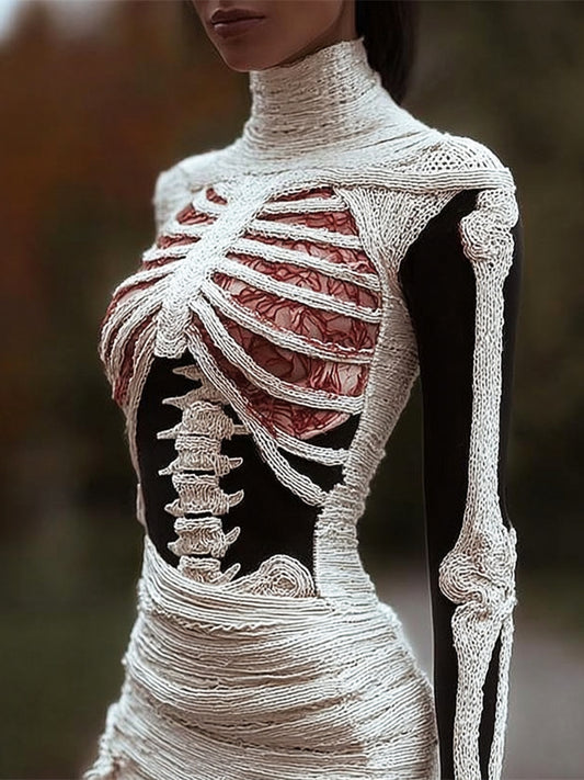 Halloween Skeleton Bandage Art Women's Knit Turtleneck Sweater