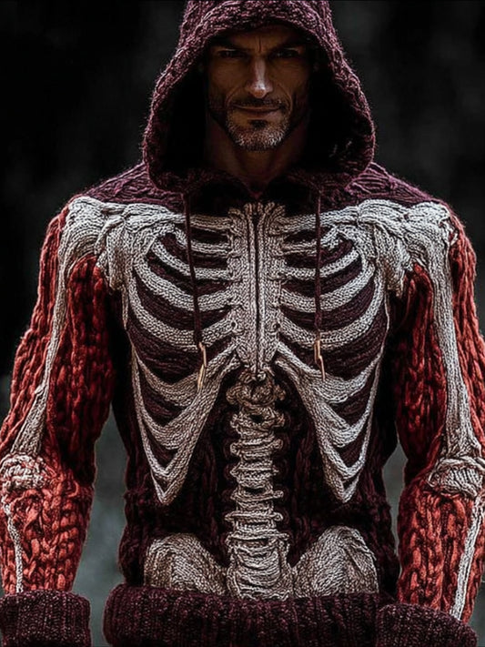 Men's Halloween Blood Stains And Human Skeleton Embroidery Hooded Sweater