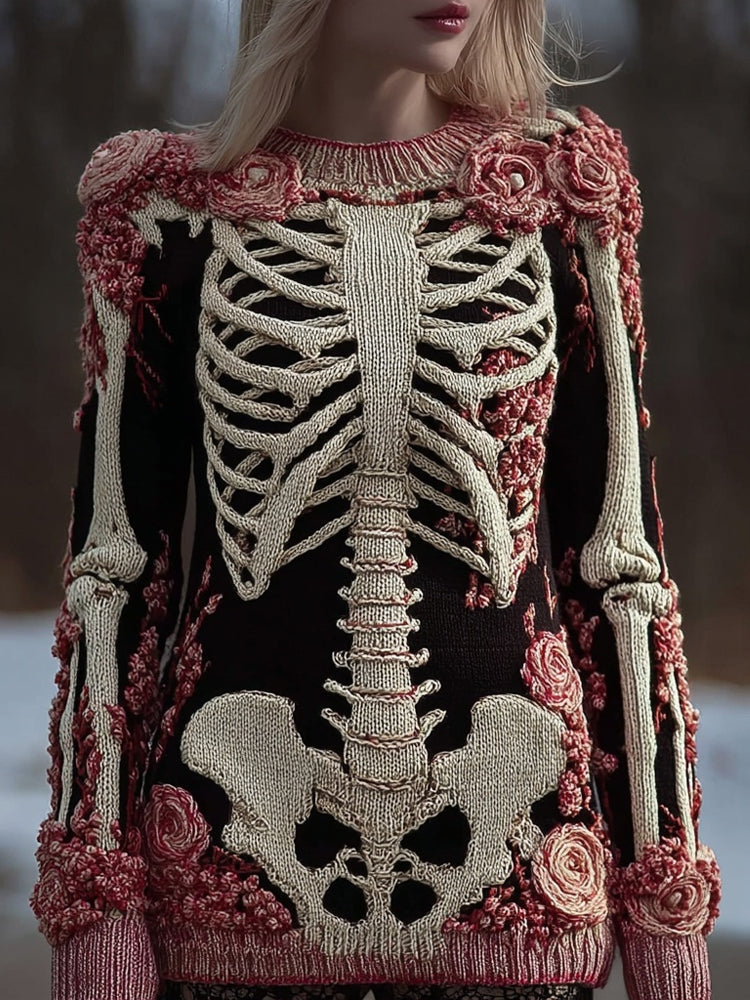 Vintage Skeleton Roses Crew Neck Comfy Knit Sweater
