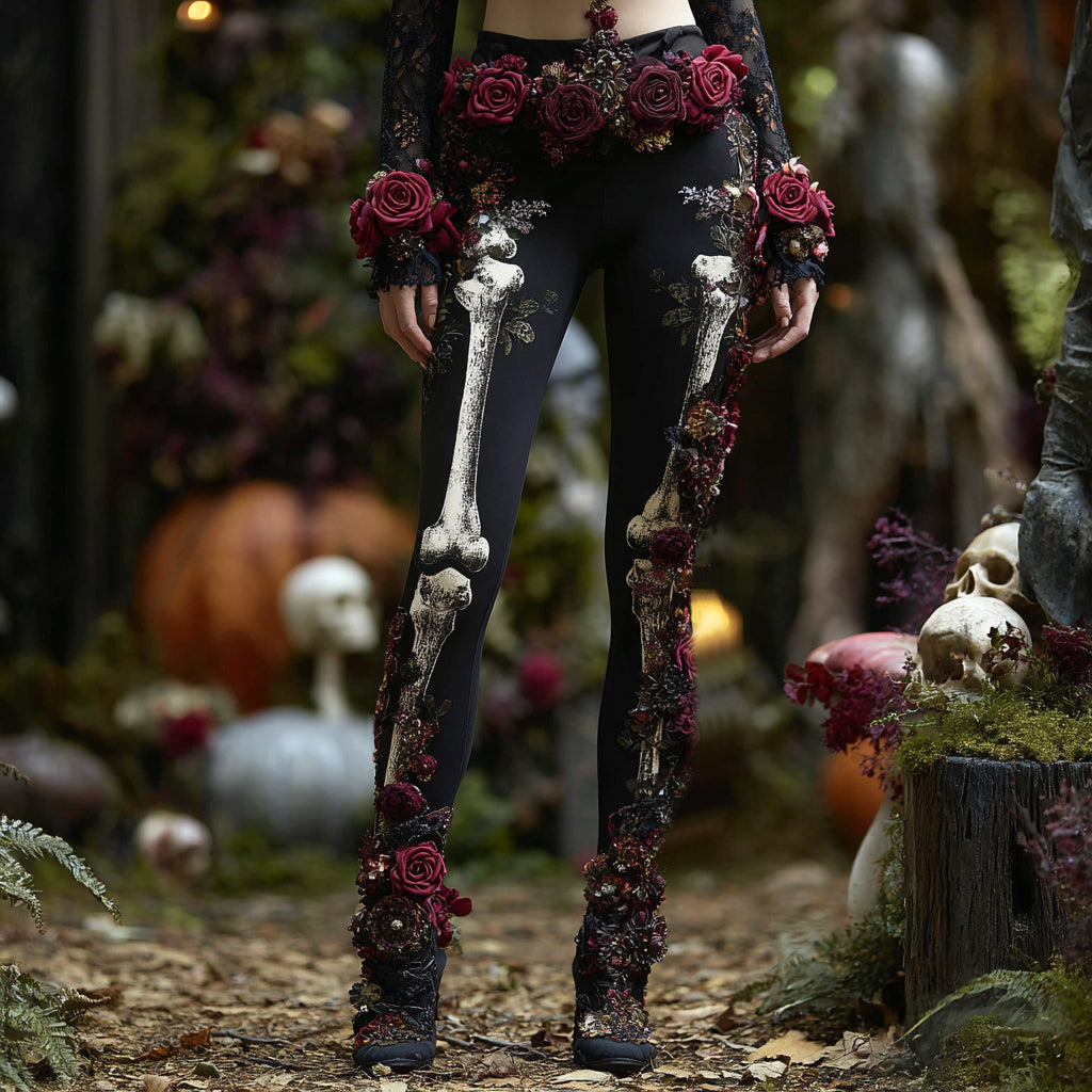 Women's Vintage Rose Skull Art Casual Leggings