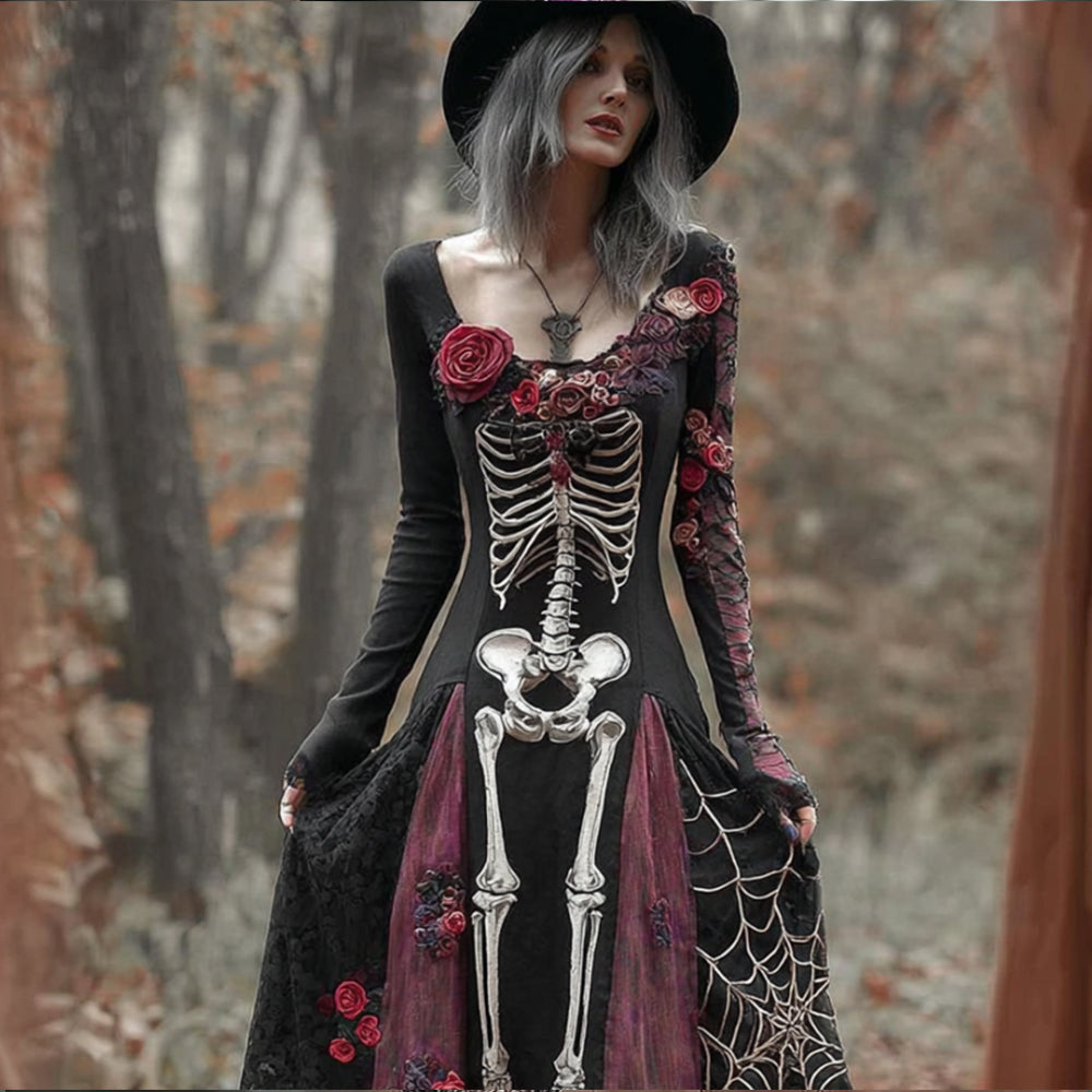 Women's Halloween Skeleton Flower Spider Silk Embroidered Long Dress