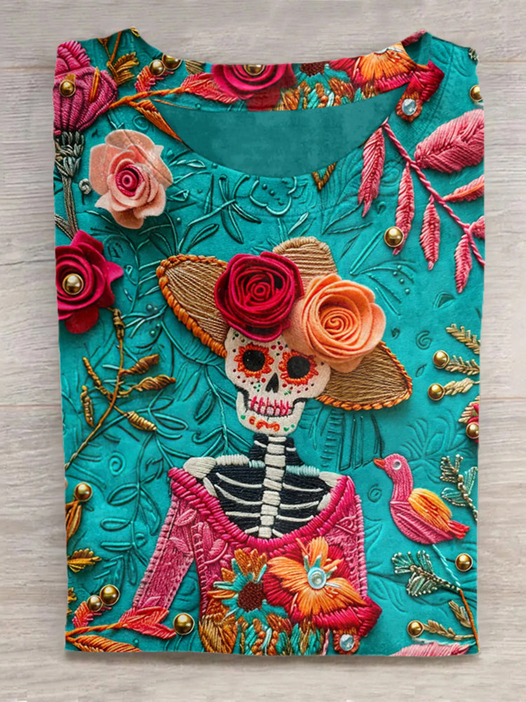 Mexican Cute Sugar Skeleton Day Of The Dead Inspired Cotton Graphic T-Shirt