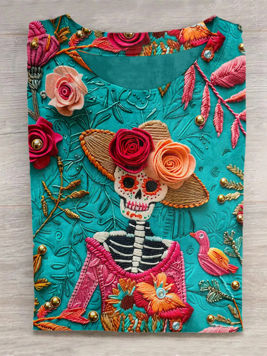 Mexican Cute Sugar Skeleton Day Of The Dead Inspired Cotton Graphic T-Shirt