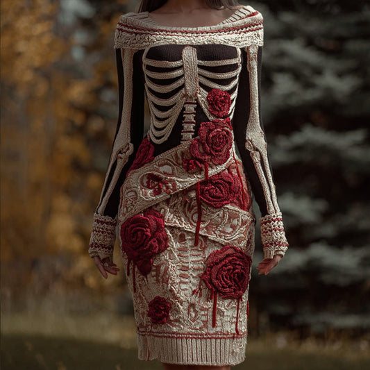 Women's Halloween Skeleton Art Wrapped Embroidered Dress