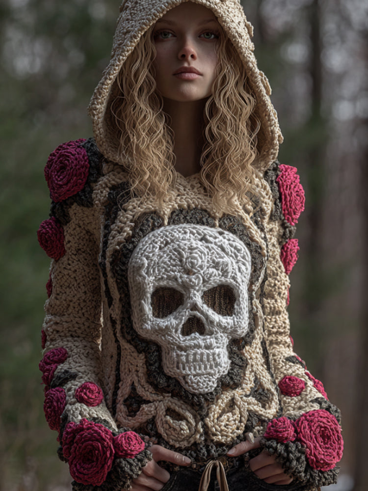 Women Halloween Pink Vintage Pink Fairy Rose Skull Complex Crochet Hooded Sweater