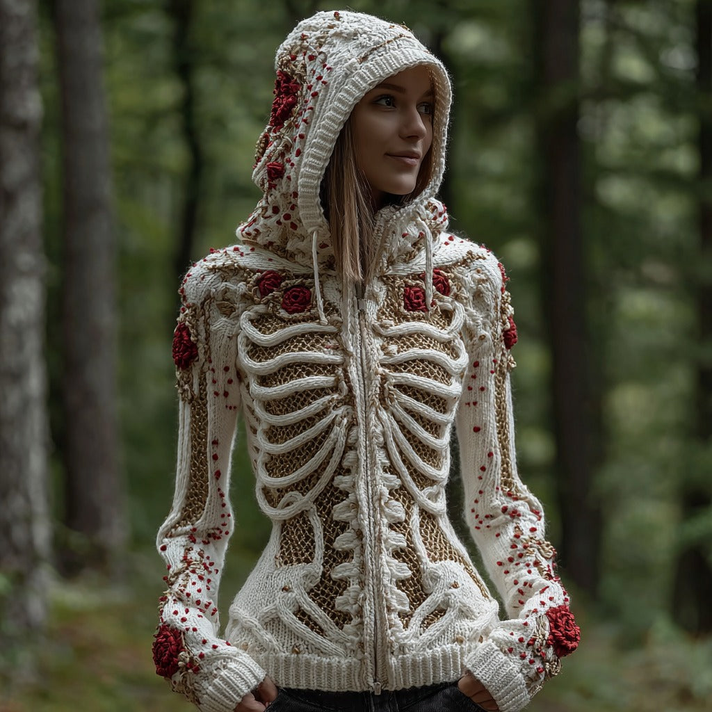 Women's Halloween Skull And Roses Mesh Zip-up Sweater