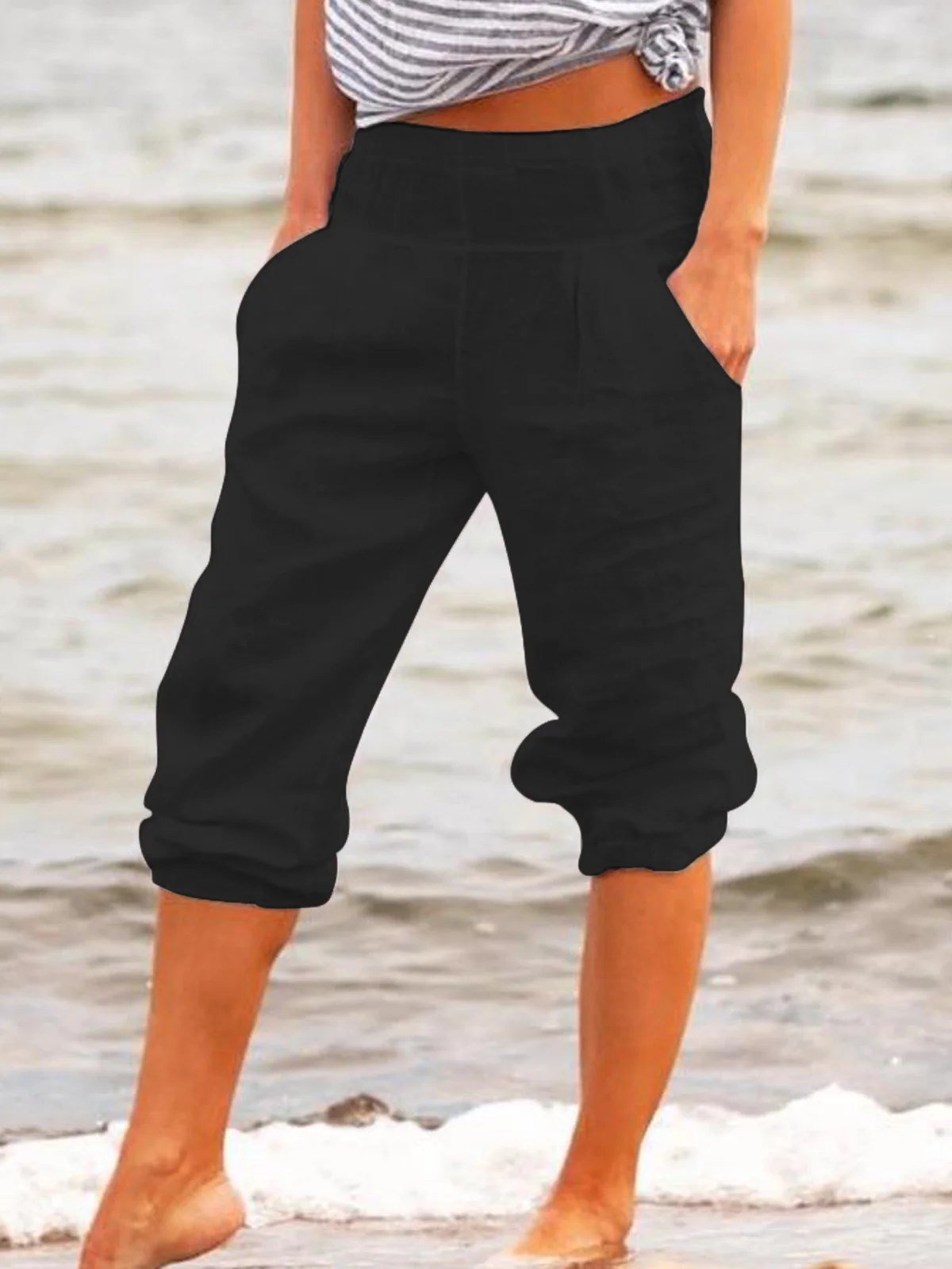 Women's Casual Solid Color Beamed Cotton Linen Cropped Pants