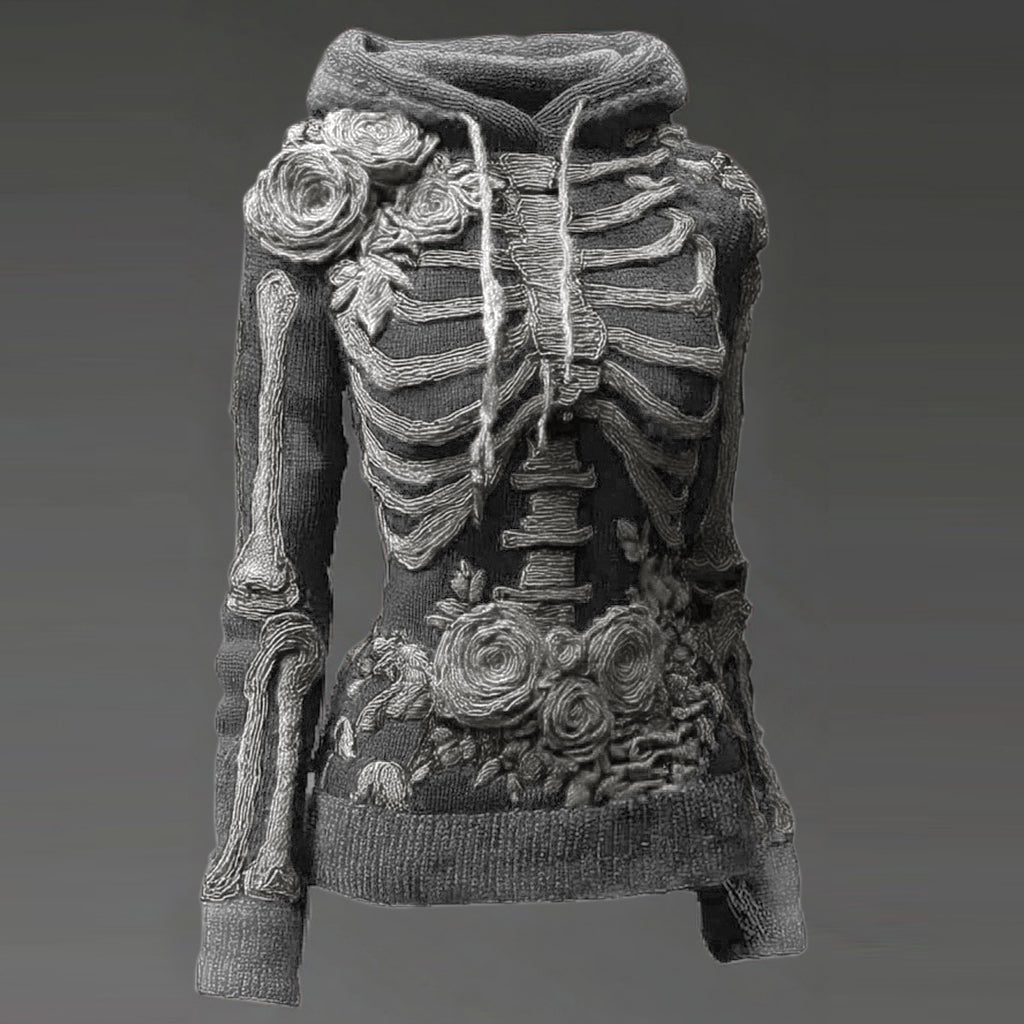 Vintage Halloween Anatomy And Rose Art Knit Hooded Sweater