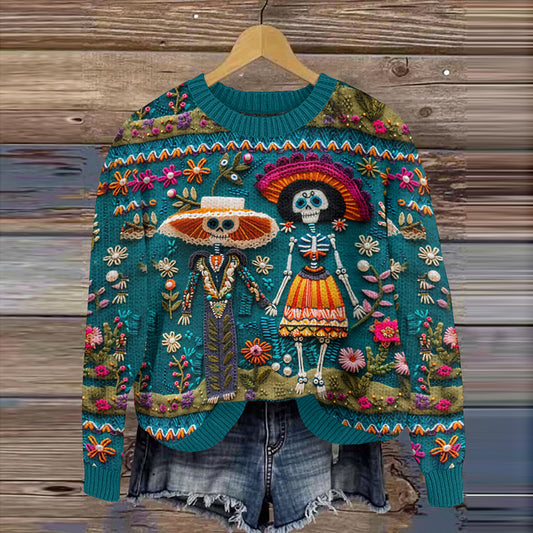 Mexican Sugar Skeleton Couple Catrina Day Of The Dead Inspired Embroidery Art Print Knitted Pullover Sweater