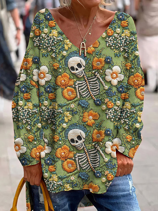 Mexican Day Of The Dead Skull Print V-Neck Loose T-Shirt