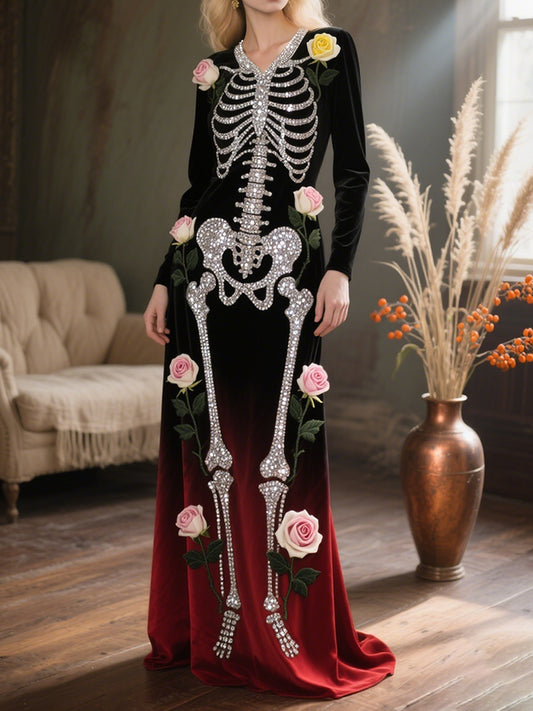 Vintage Halloween Skeleton Bones With Roses Flowy Velvet V Neck Maxi Dress