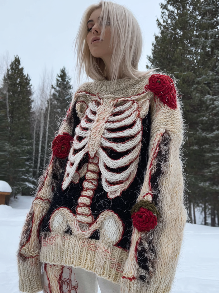Lady's Halloween Gothic Style Skull Skeleton Pattern Knitted Sweater