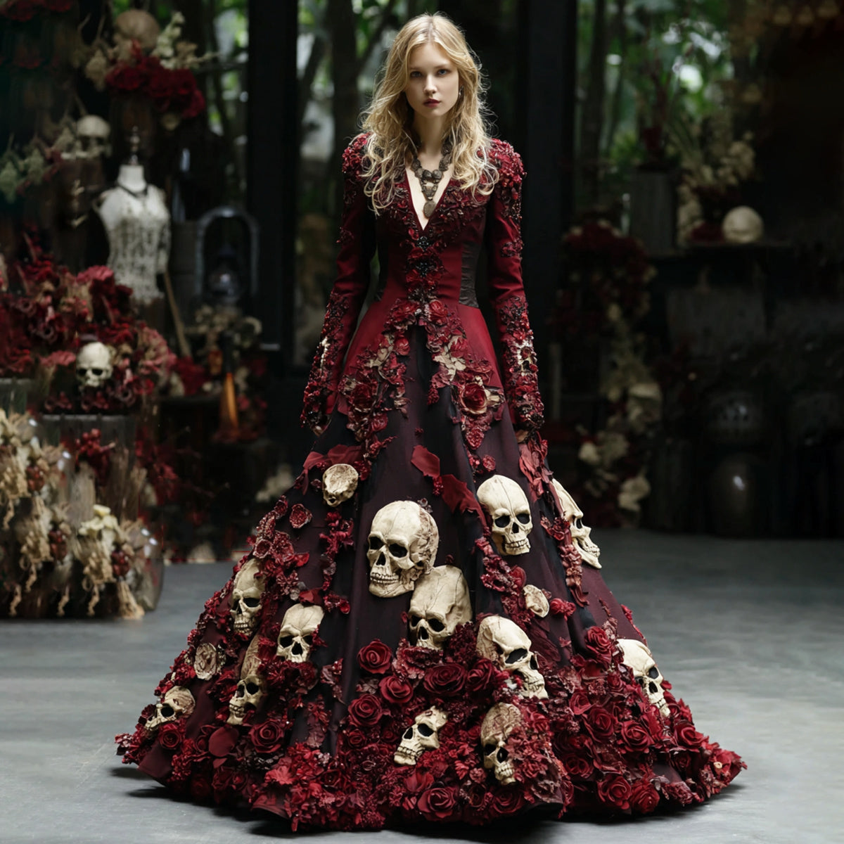 Women's Retro Skull Flower Pattern V-neck Long Sleeve Maxi Dress