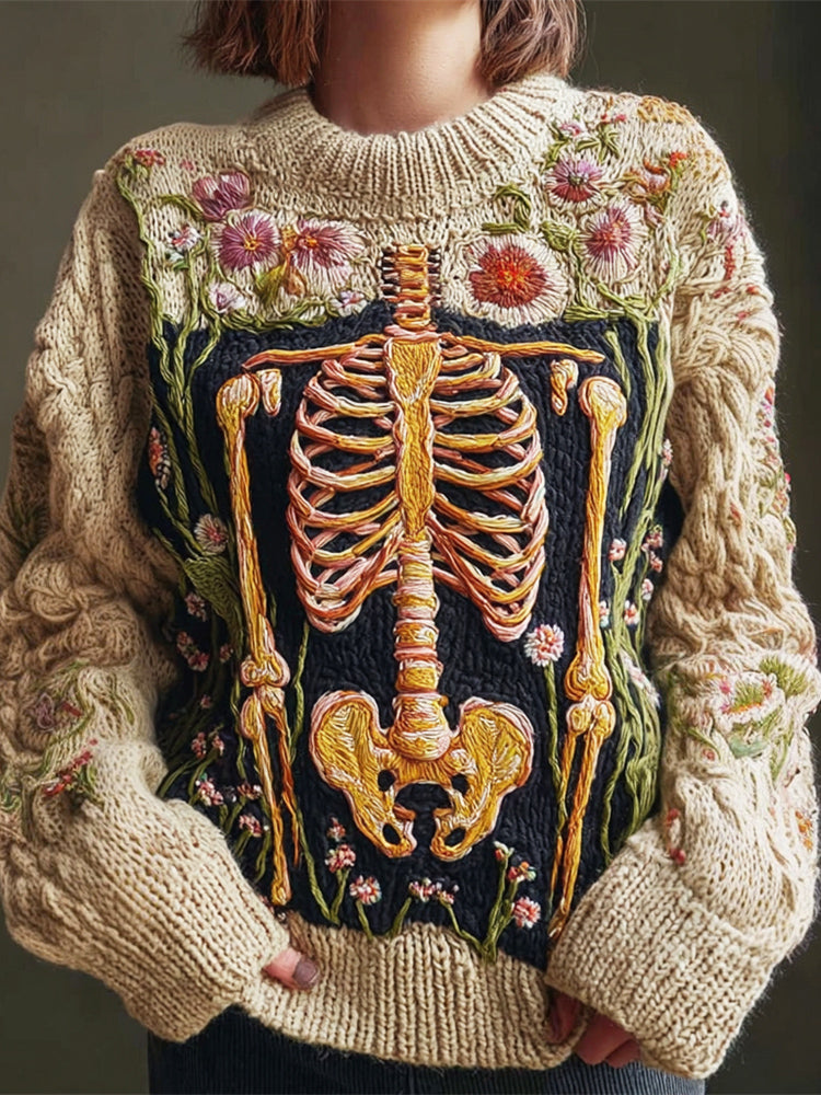 Vintage Anatomical Skeleton & Floral Embroidery Women's Knit Crew Neck Sweater