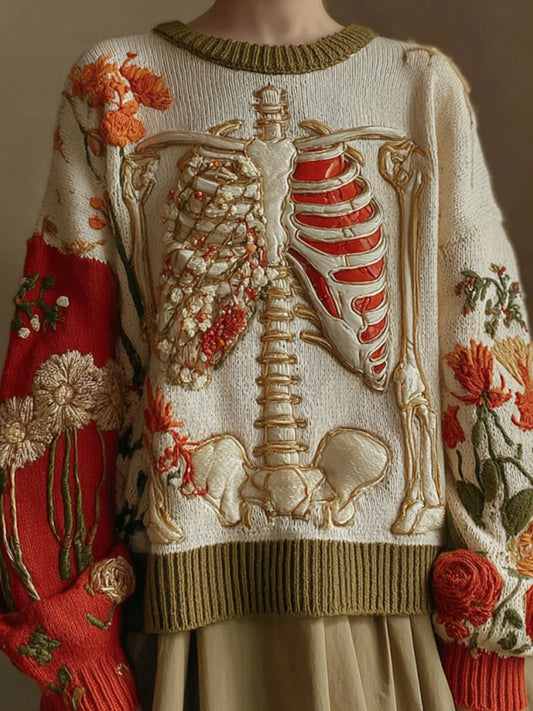 Vintage Halloween Anatomy And Red Heart Floral Art Chunky Knitted Sweater