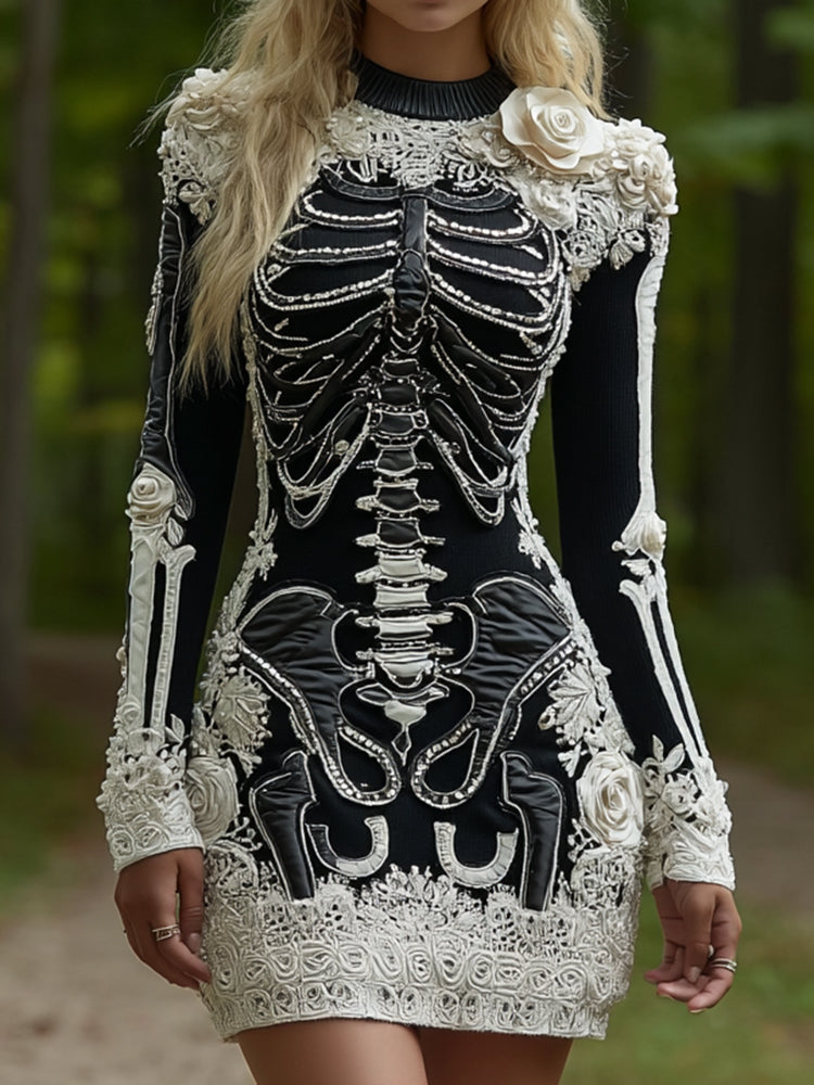Women's Halloween Skeleton Bones Leather With Rose Pattern Art Hot Sexy Style Cozy Knit Mini Sweater Dress