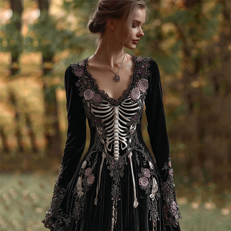 Vintage Skeleton Pink Roses Embroidered Velvet Maxi Dress