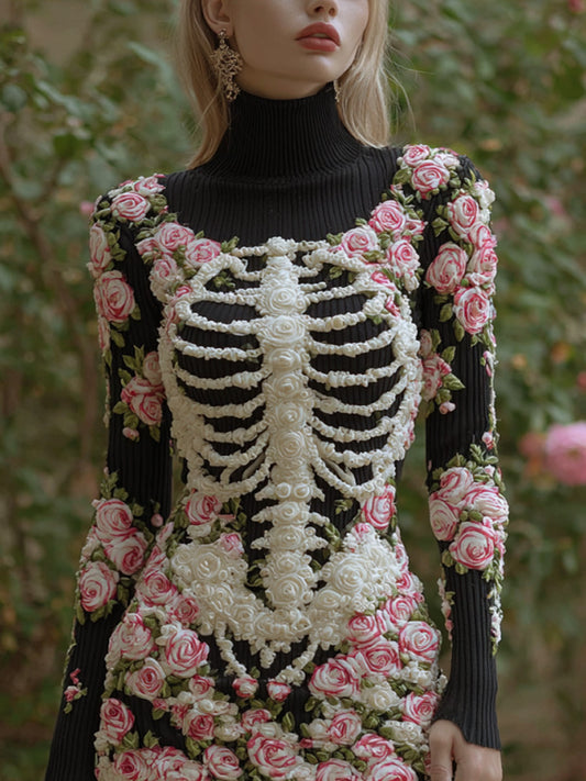 Women's Vintage Halloween Skeleton Bones With Rose Art Cozy Knit Mini Sweater Dress