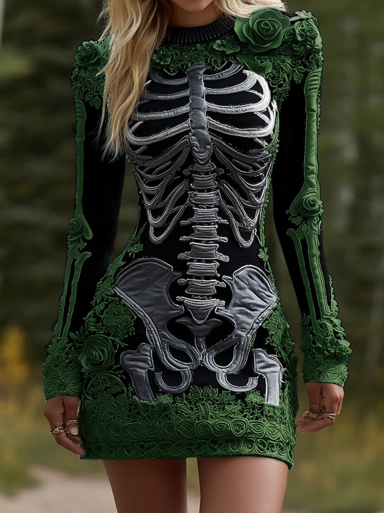 Women's Halloween Skeleton Bones Leather With Rose Pattern Art Hot Sexy Style Cozy Knit Mini Sweater Dress