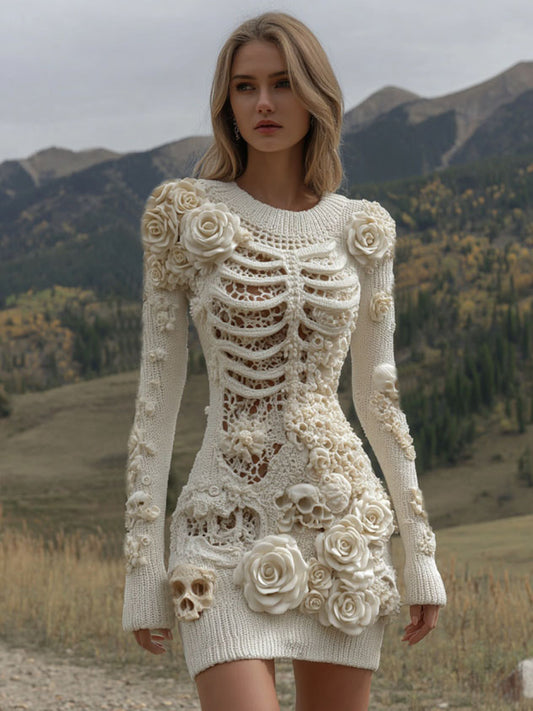 Women's Vintage Halloween Skeleton Skull With Rose Art Cozy Sweater Dress