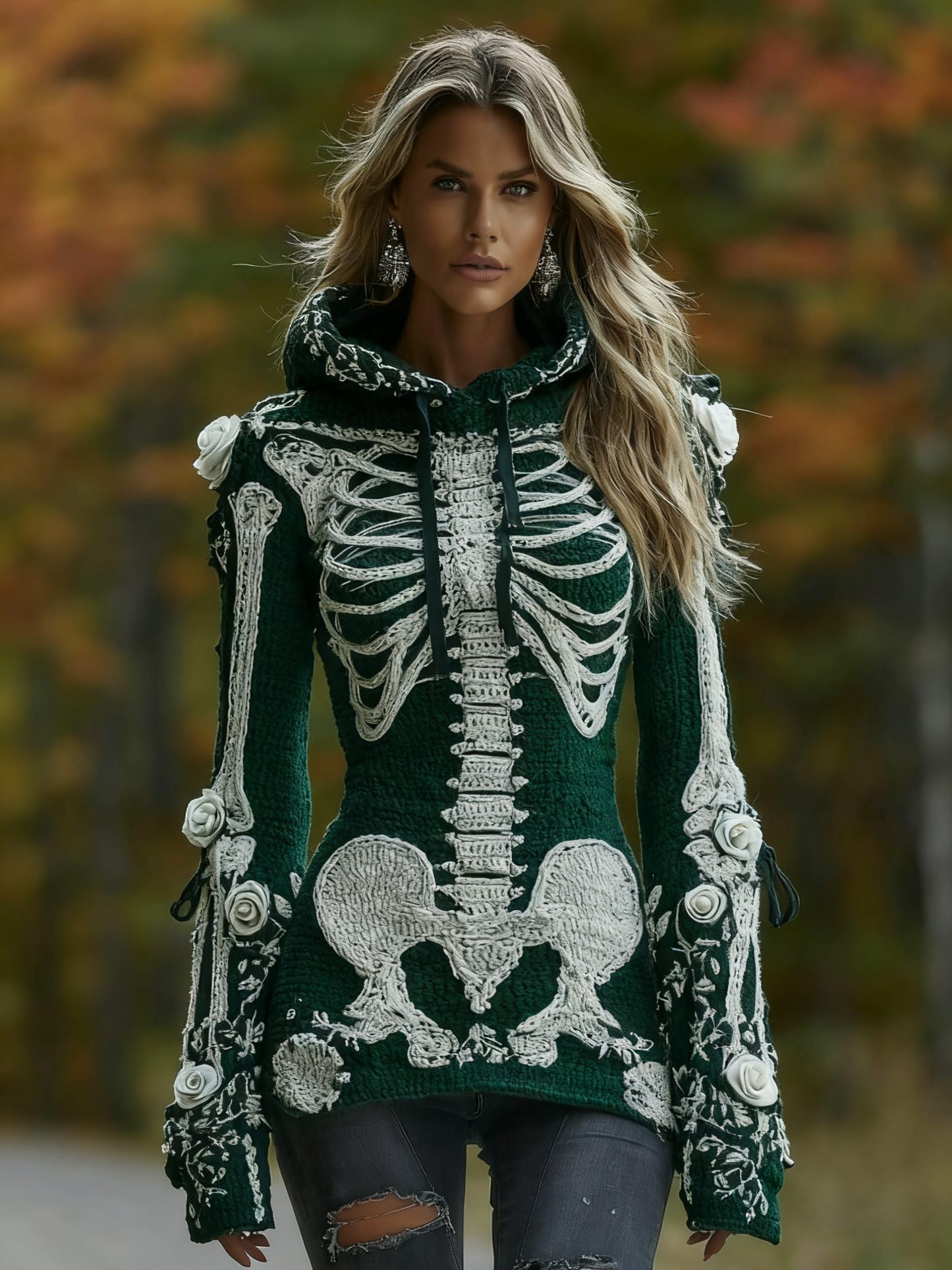 Women's Halloween Skeleton Bones With Roses Art Knitted Warm Hooded Sweater