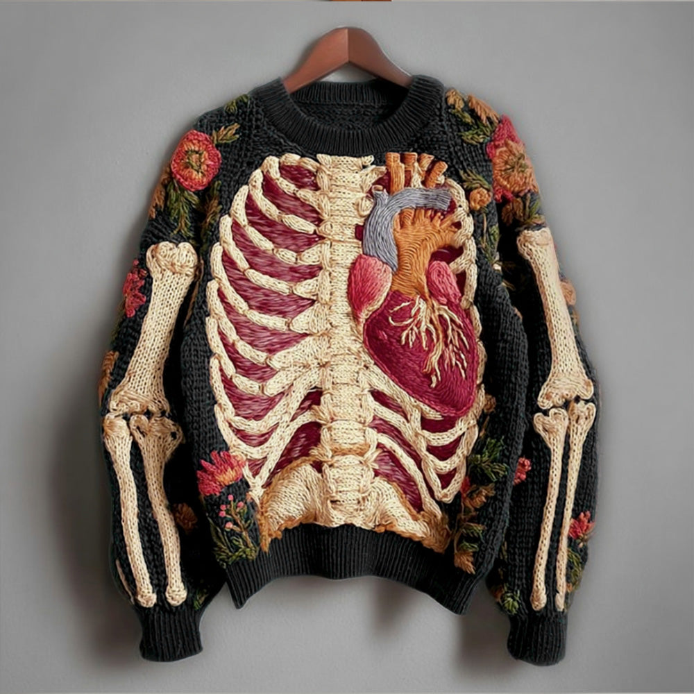 Vintage Halloween Human Anatomy Art And Floral Round Neck Sweater