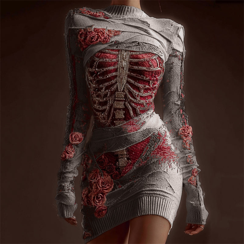Classy Skeleton Anatomy Bloody Roses Bandages Knit Sweater Dress