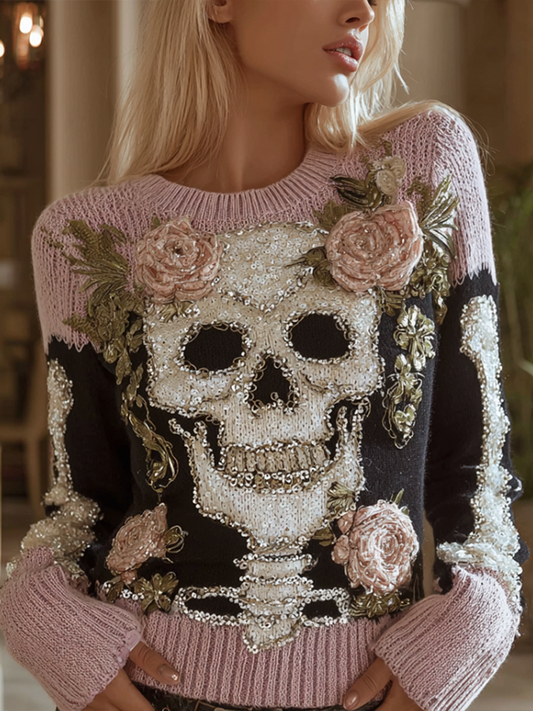 Halloween Skeleton And Plant Flower Pattern Combined Design Women's Knitted Sweater