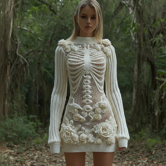 Women's Vintage Skull Rose Art Comfortable Elegant Sweater Dress