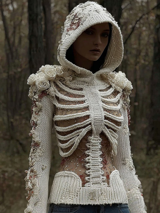 Women's Halloween Skull And White Rose Mesh Sweater