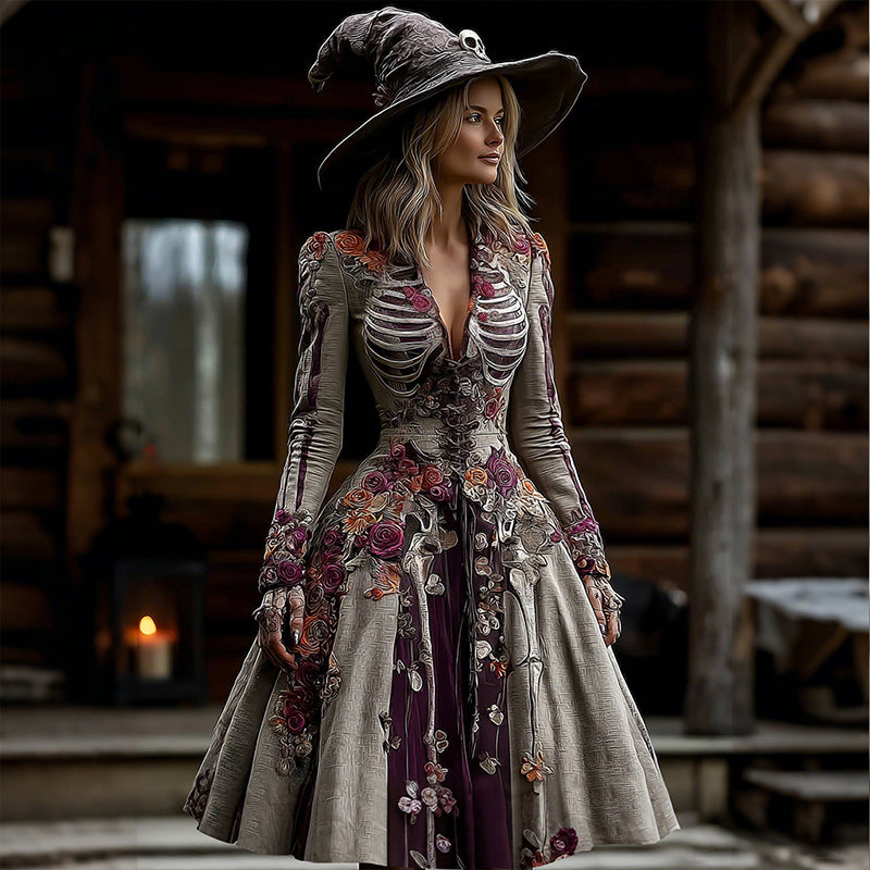 Women's Halloween Rose Skeleton Witch Cosplay Midi Dress