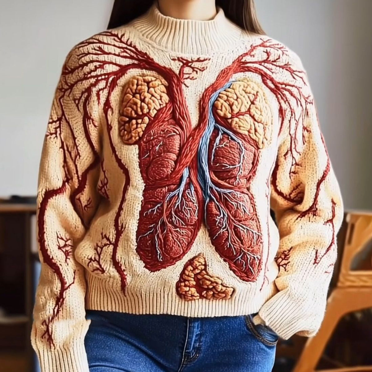 Vintage Halloween Anatomy Red Heart Art Chunky Knitted Sweater