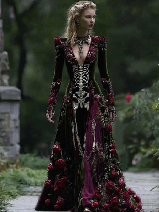 Women's Halloween Skeleton Patchwork Velvet V Neck Maxi Dress