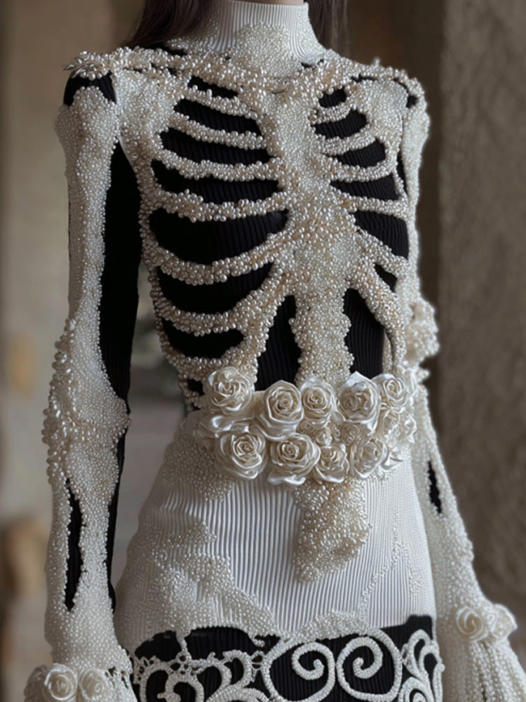 Women's Vintage Halloween Skeleton Bones With Rose Art Cozy Knit Mini Sweater Dress