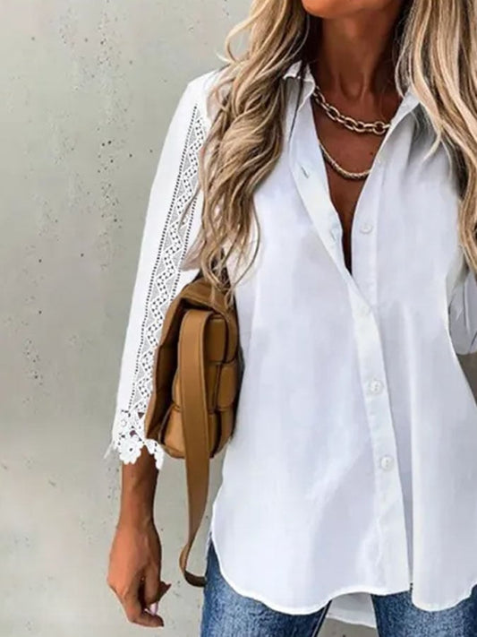 Women'S Solid Color Lace Stitching Long-Sleeved Shirt