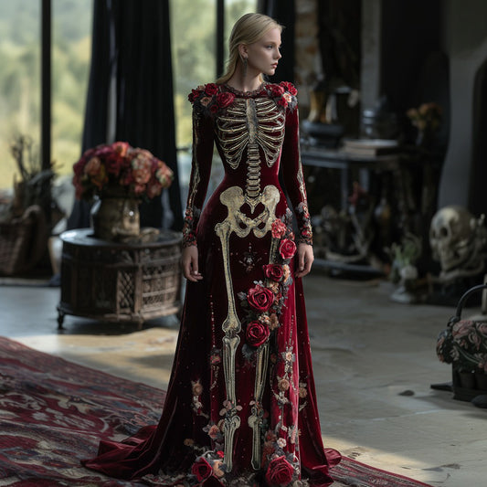 Women's Vintage Rose Skeleton Romantic Classic Velvet Maxi Dress